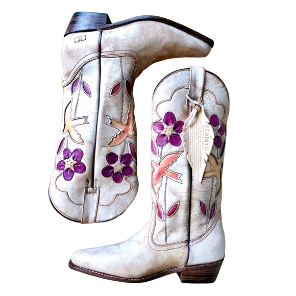 Bed Stu Cobbler Series Valencia II Western Cowboy Boots Floral Birds NEW! - Picture 2 of 11
